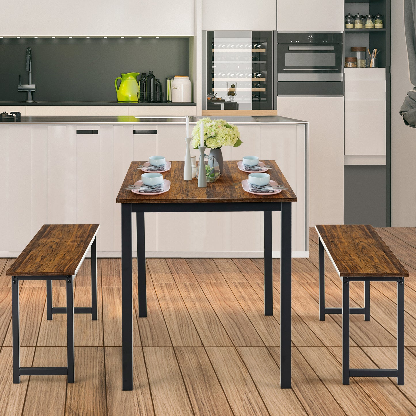 3 Piece Dining Table Set with Wood Table and Benches for Kitchen or Dining Room - Brown