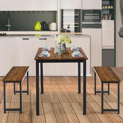 3 Piece Dining Table Set with Wood Table and Benches for Kitchen or Dining Room - Brown