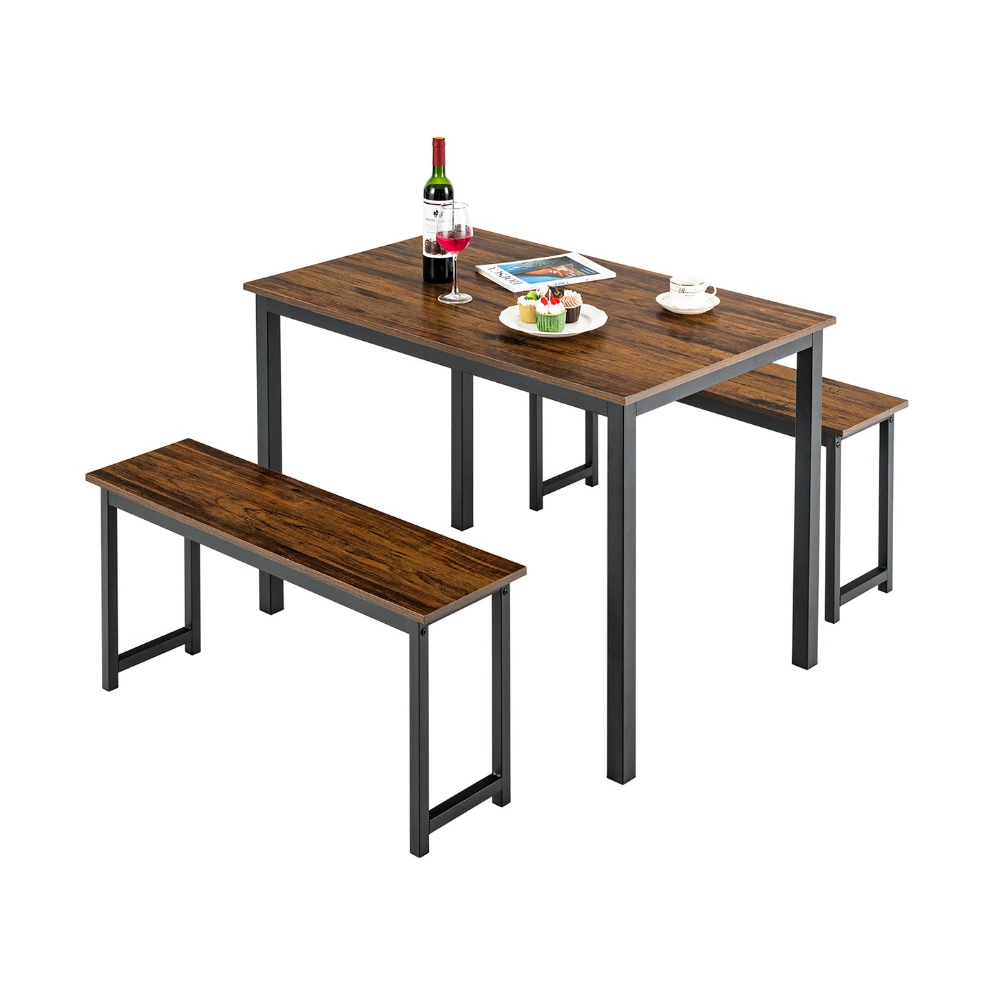 3 Piece Dining Table Set with Wood Table and Benches for Kitchen or Dining Room - Brown