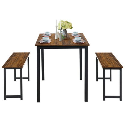 3 Piece Dining Table Set with Wood Table and Benches for Kitchen or Dining Room - Brown