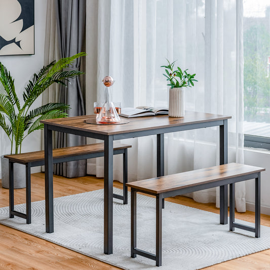 3 Piece Dining Table Set with Wood Table and Benches for Kitchen or Dining Room - Brown