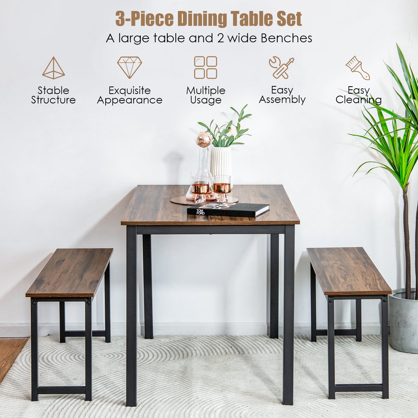 3 Piece Dining Table Set with Wood Table and Benches for Kitchen or Dining Room - Brown