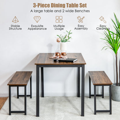 3 Piece Dining Table Set with Wood Table and Benches for Kitchen or Dining Room - Brown