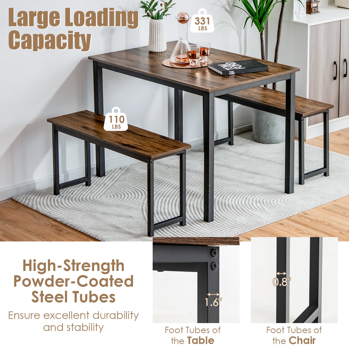 3 Piece Dining Table Set with Wood Table and Benches for Kitchen or Dining Room - Brown