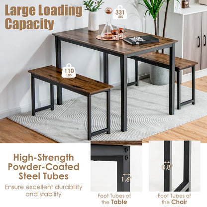 3 Piece Dining Table Set with Wood Table and Benches for Kitchen or Dining Room - Brown