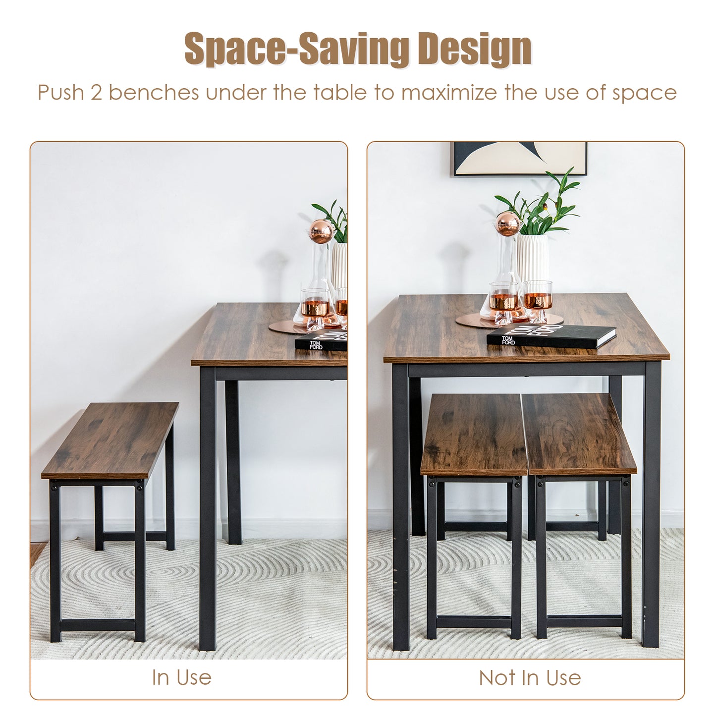 3 Piece Dining Table Set with Wood Table and Benches for Kitchen or Dining Room - Brown