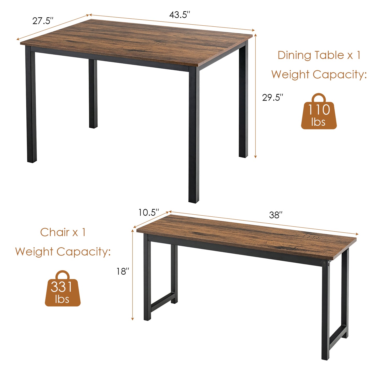 3 Piece Dining Table Set with Wood Table and Benches for Kitchen or Dining Room - Brown