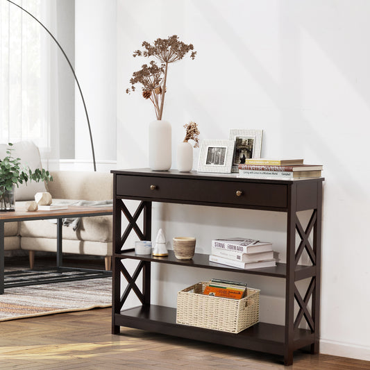 3 Tier Console Table with Drawer and Storage Shelves in Dark Brown