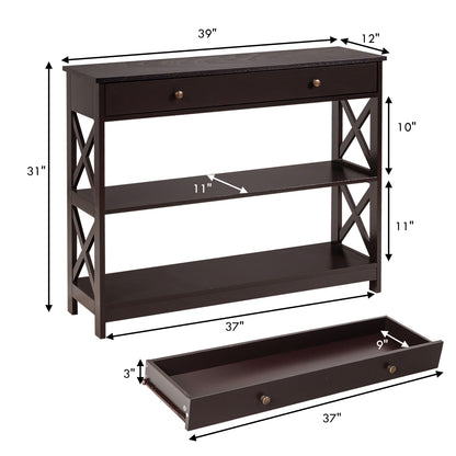 3 Tier Console Table with Drawer and Storage Shelves in Dark Brown