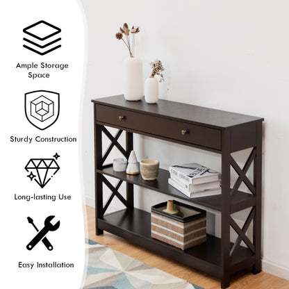 3 Tier Console Table with Drawer and Storage Shelves in Dark Brown