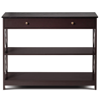 3 Tier Console Table with Drawer and Storage Shelves in Dark Brown
