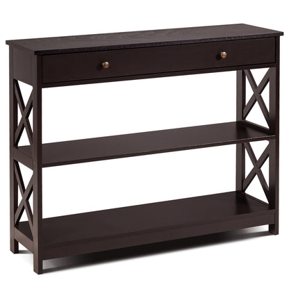 3 Tier Console Table with Drawer and Storage Shelves in Dark Brown