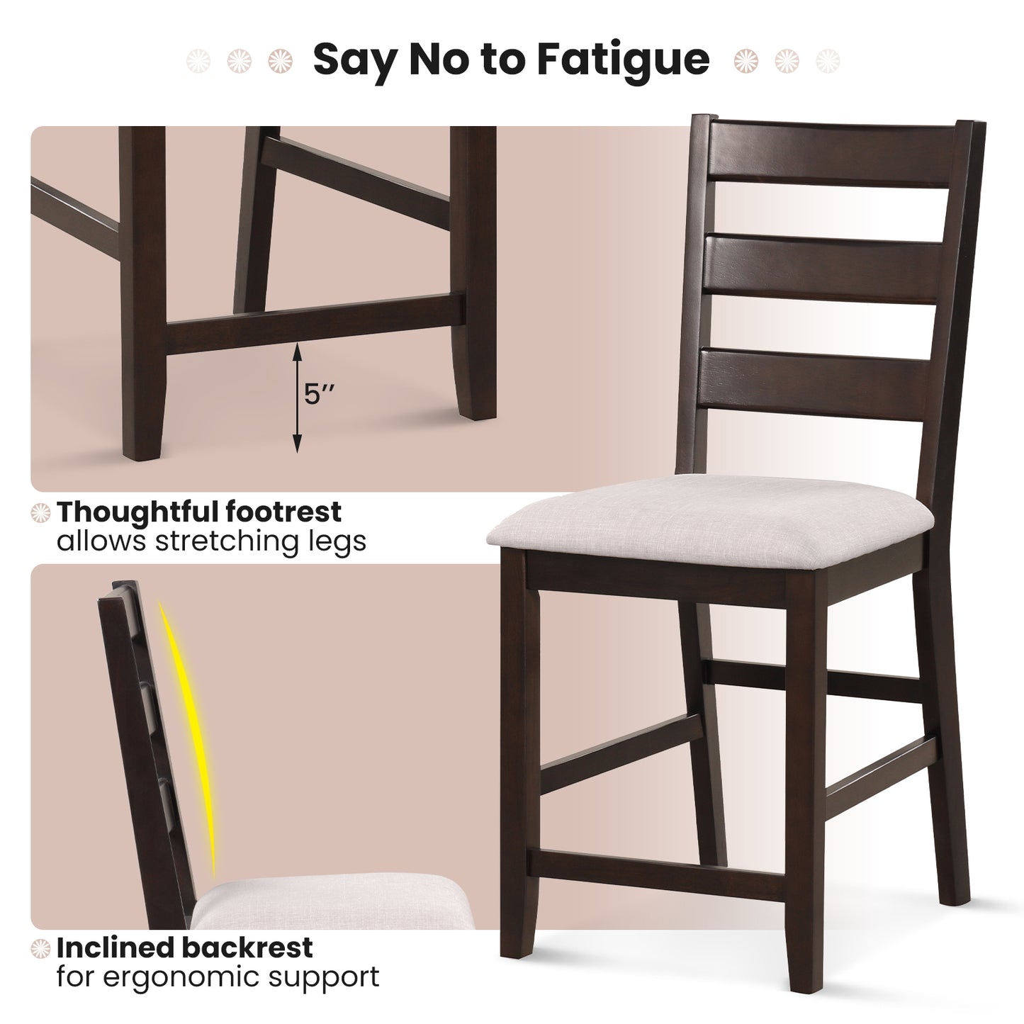 Counter Height Bar Stools with Padded Seat and Wooden Frame, Set of 2
