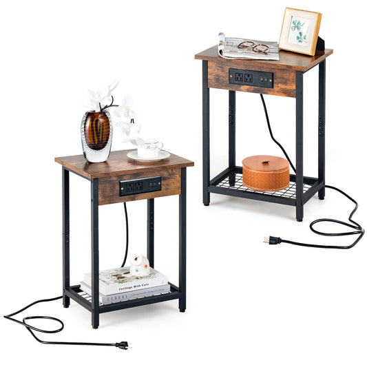 Set of 2 Rustic Bedside Tables with Open Shelf and Built-In Charging Station in Brown Finish