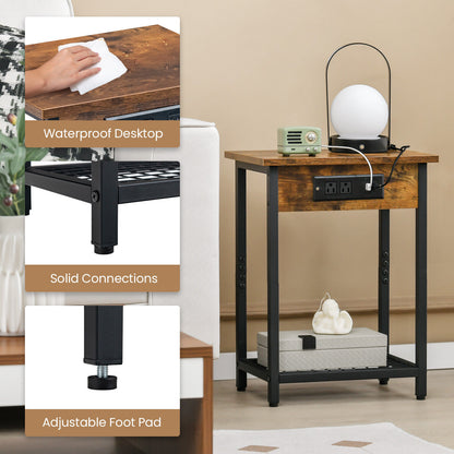 Set of 2 Rustic Bedside Tables with Open Shelf and Built-In Charging Station in Brown Finish