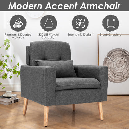 Modern Linen Upholstered Armchair with Waist Pillow and Wooden Legs for Living Room, Grey