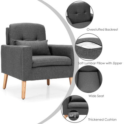 Modern Linen Upholstered Armchair with Waist Pillow and Wooden Legs for Living Room, Grey