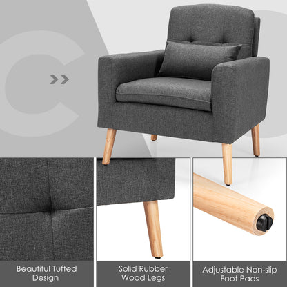 Modern Linen Upholstered Armchair with Waist Pillow and Wooden Legs for Living Room, Grey