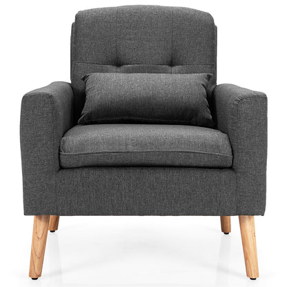 Modern Linen Upholstered Armchair with Waist Pillow and Wooden Legs for Living Room, Grey