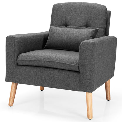 Modern Linen Upholstered Armchair with Waist Pillow and Wooden Legs for Living Room, Grey