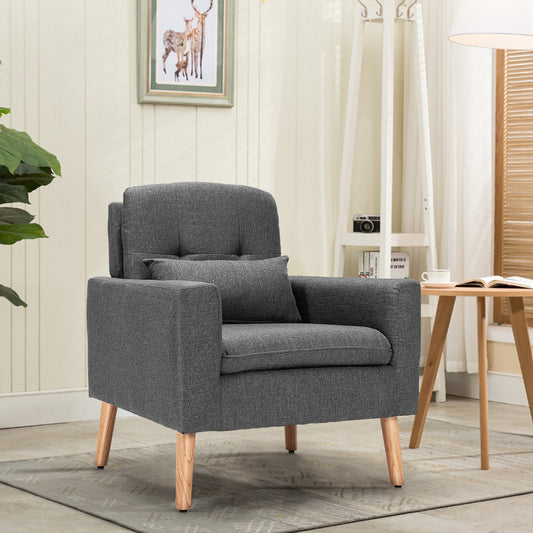 Modern Linen Upholstered Armchair with Waist Pillow and Wooden Legs for Living Room, Grey