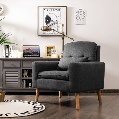Modern Linen Upholstered Armchair with Waist Pillow and Wooden Legs for Living Room, Grey