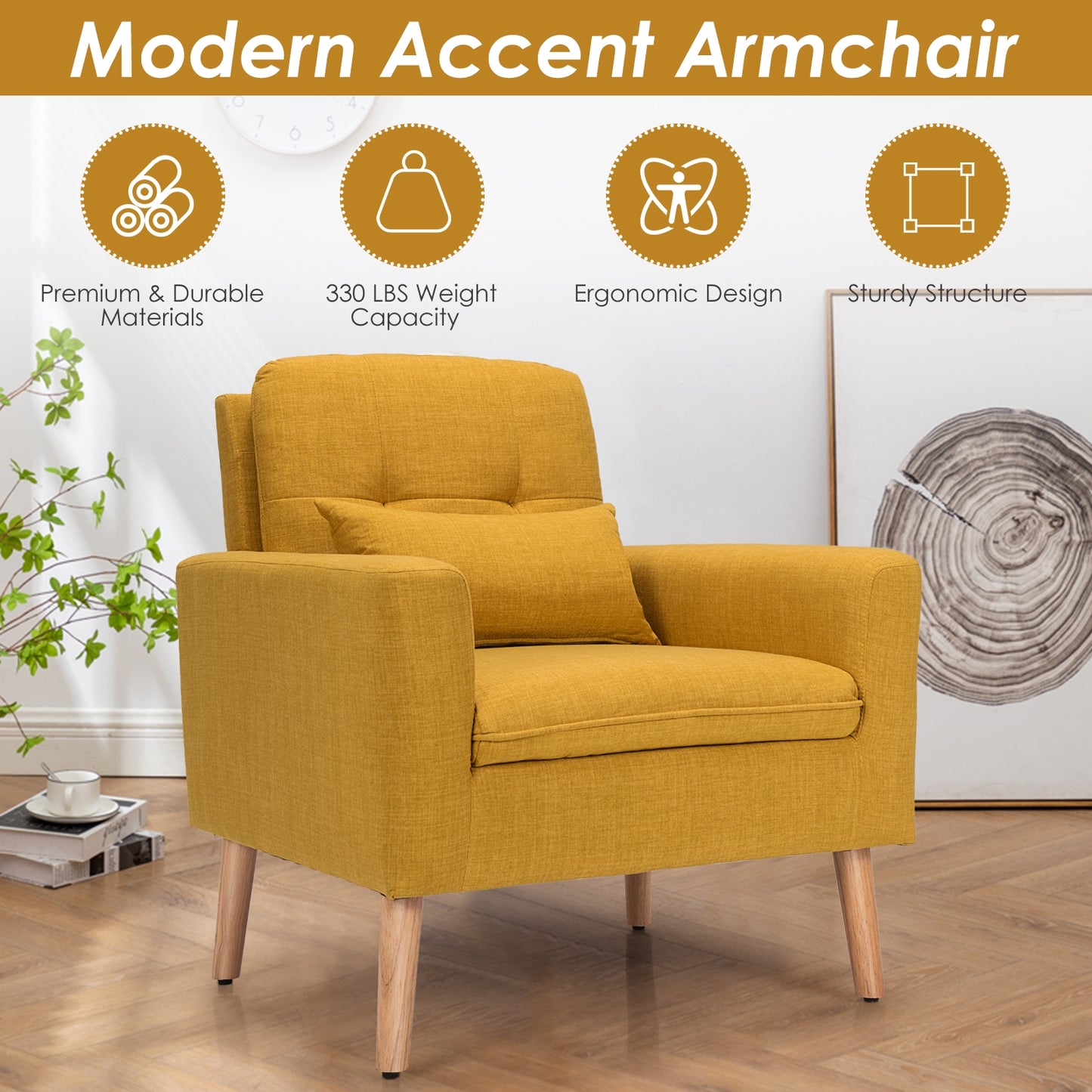 Modern Linen Upholstered Armchair with Waist Pillow and Wooden Legs for Living Room, Yellow