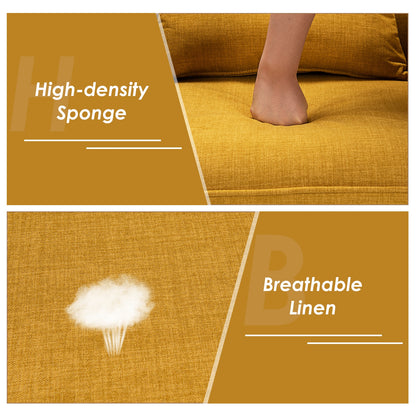 Modern Linen Upholstered Armchair with Waist Pillow and Wooden Legs for Living Room, Yellow