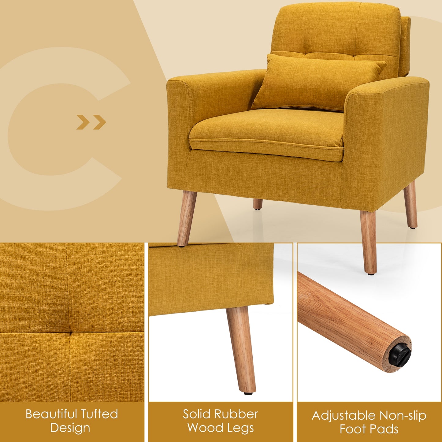 Modern Linen Upholstered Armchair with Waist Pillow and Wooden Legs for Living Room, Yellow