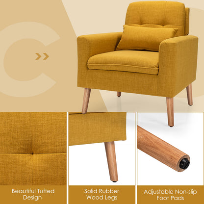 Modern Linen Upholstered Armchair with Waist Pillow and Wooden Legs for Living Room, Yellow