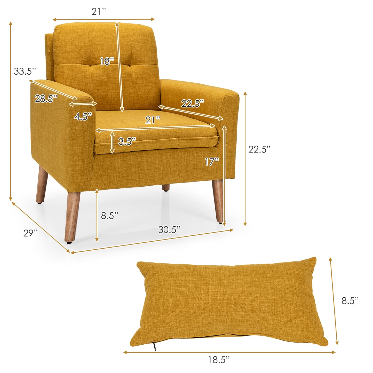 Modern Linen Upholstered Armchair with Waist Pillow and Wooden Legs for Living Room, Yellow