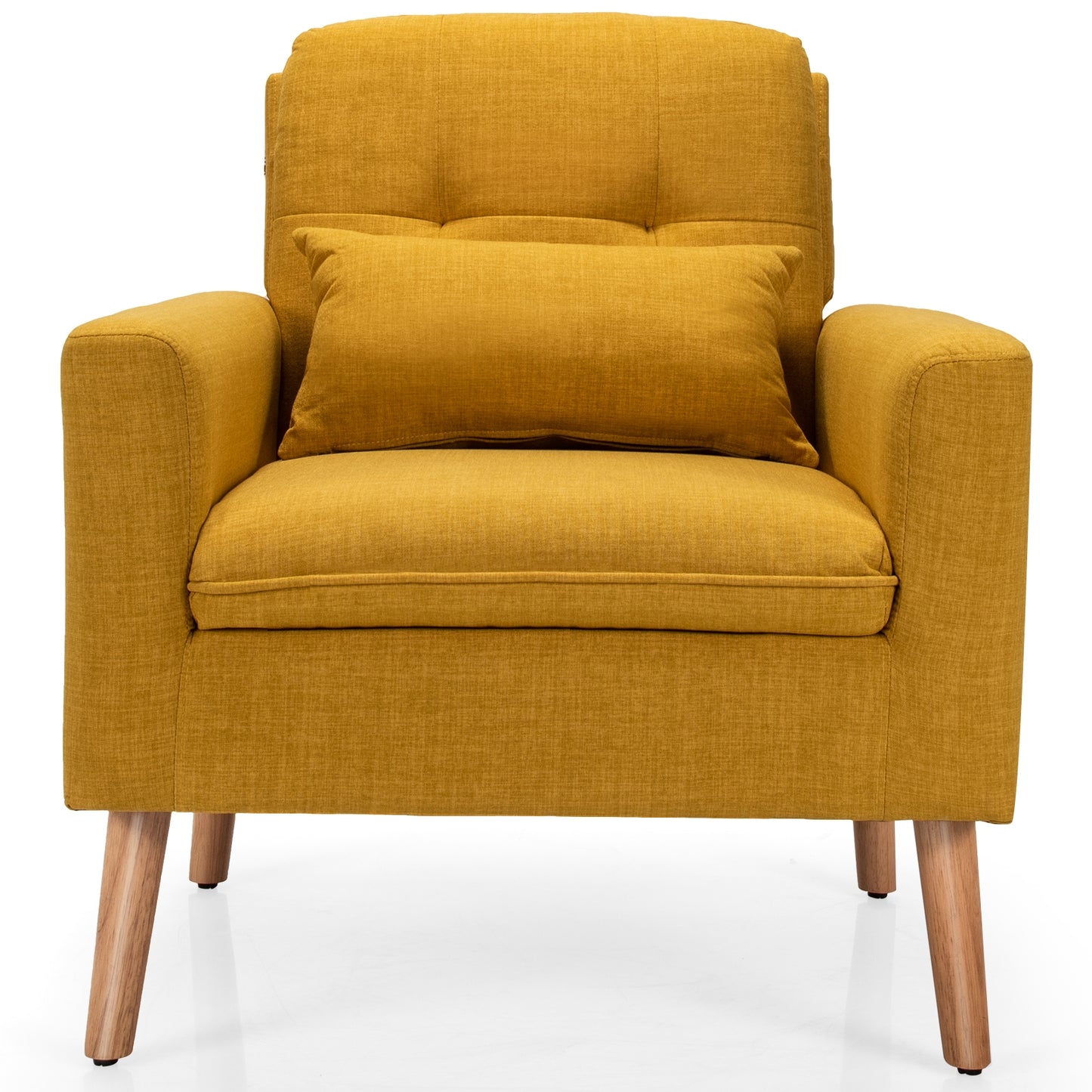 Modern Linen Upholstered Armchair with Waist Pillow and Wooden Legs for Living Room, Yellow