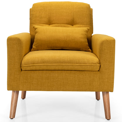 Modern Linen Upholstered Armchair with Waist Pillow and Wooden Legs for Living Room, Yellow