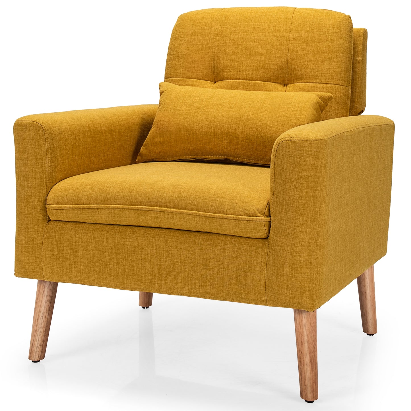 Modern Linen Upholstered Armchair with Waist Pillow and Wooden Legs for Living Room, Yellow