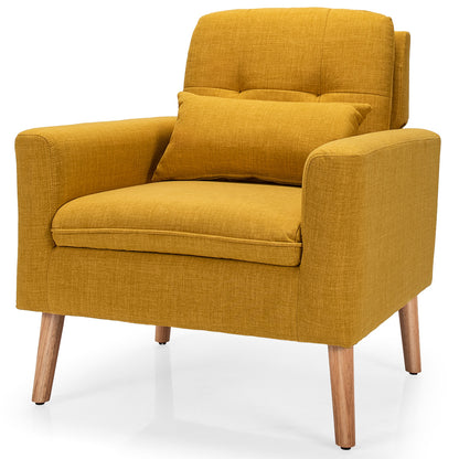 Modern Linen Upholstered Armchair with Waist Pillow and Wooden Legs for Living Room, Yellow