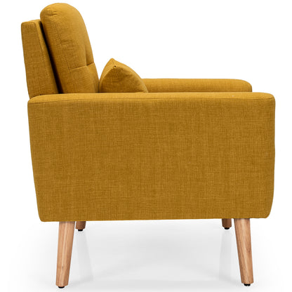 Modern Linen Upholstered Armchair with Waist Pillow and Wooden Legs for Living Room, Yellow