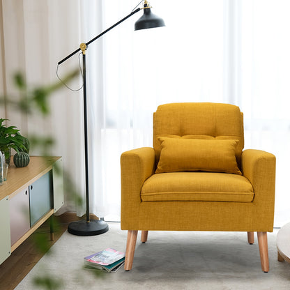 Modern Linen Upholstered Armchair with Waist Pillow and Wooden Legs for Living Room, Yellow