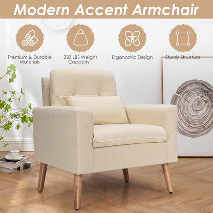 Modern Linen Upholstered Armchair with Waist Pillow and Wooden Legs for Living Room, Beige