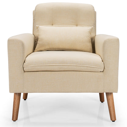 Modern Linen Upholstered Armchair with Waist Pillow and Wooden Legs for Living Room, Beige