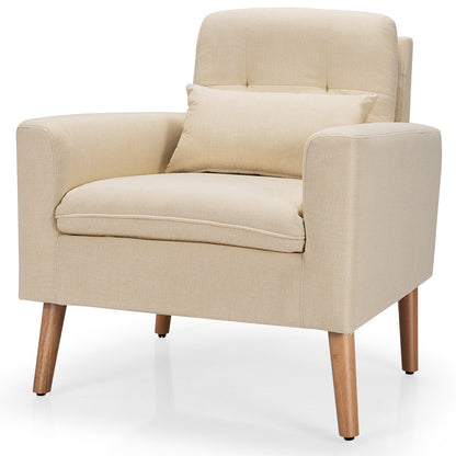 Modern Linen Upholstered Armchair with Waist Pillow and Wooden Legs for Living Room, Beige