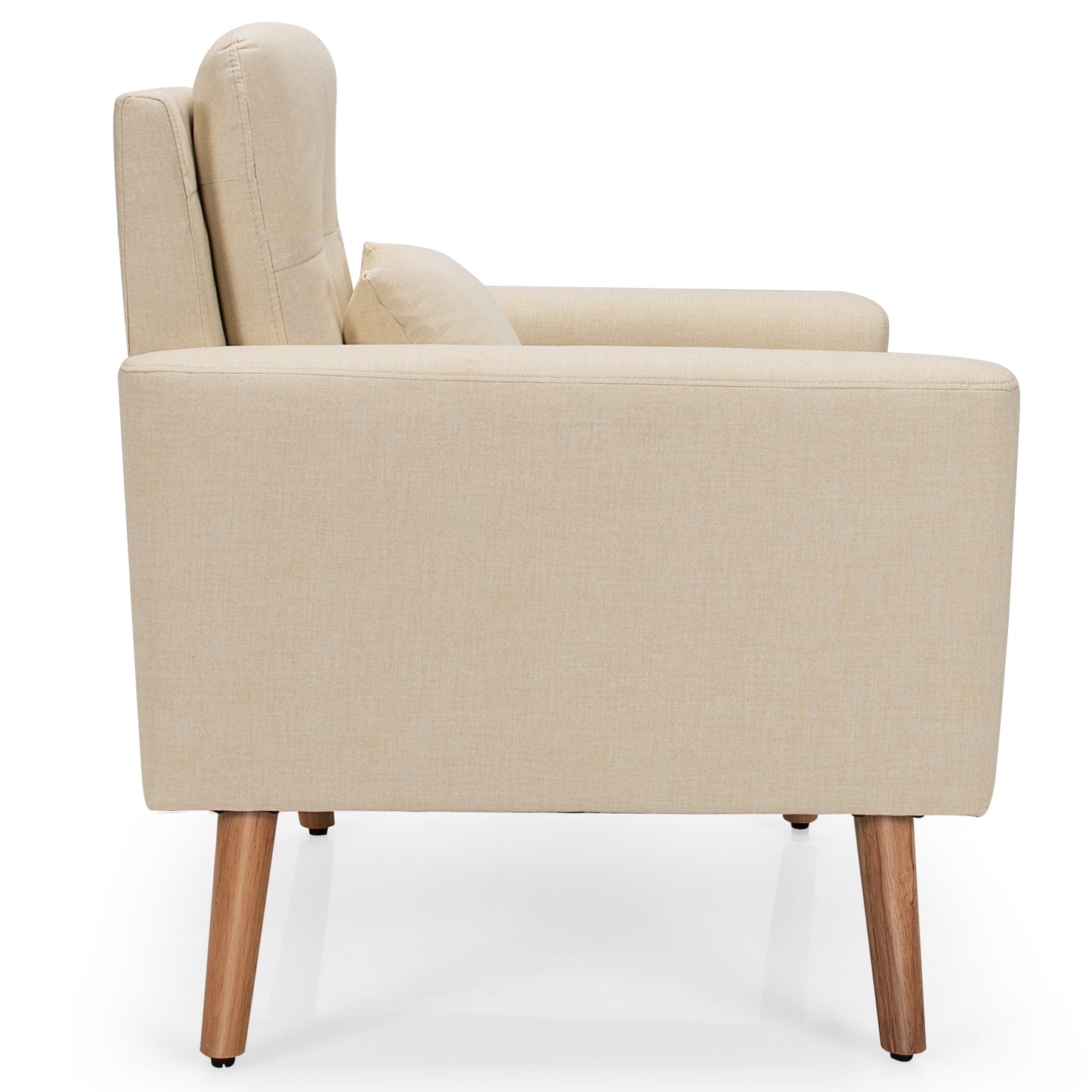Modern Linen Upholstered Armchair with Waist Pillow and Wooden Legs for Living Room, Beige