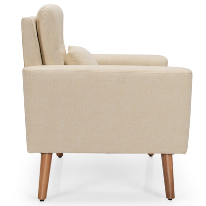 Modern Linen Upholstered Armchair with Waist Pillow and Wooden Legs for Living Room, Beige