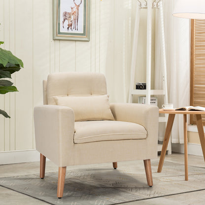 Modern Linen Upholstered Armchair with Waist Pillow and Wooden Legs for Living Room, Beige