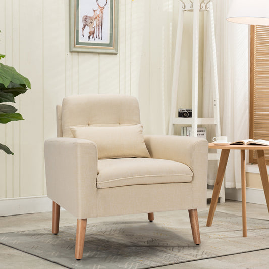 Modern Linen Upholstered Armchair with Waist Pillow and Wooden Legs for Living Room, Beige