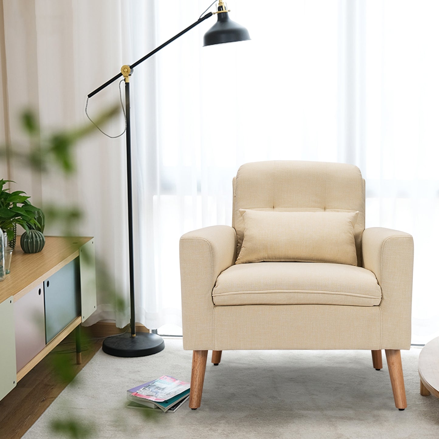 Modern Linen Upholstered Armchair with Waist Pillow and Wooden Legs for Living Room, Beige