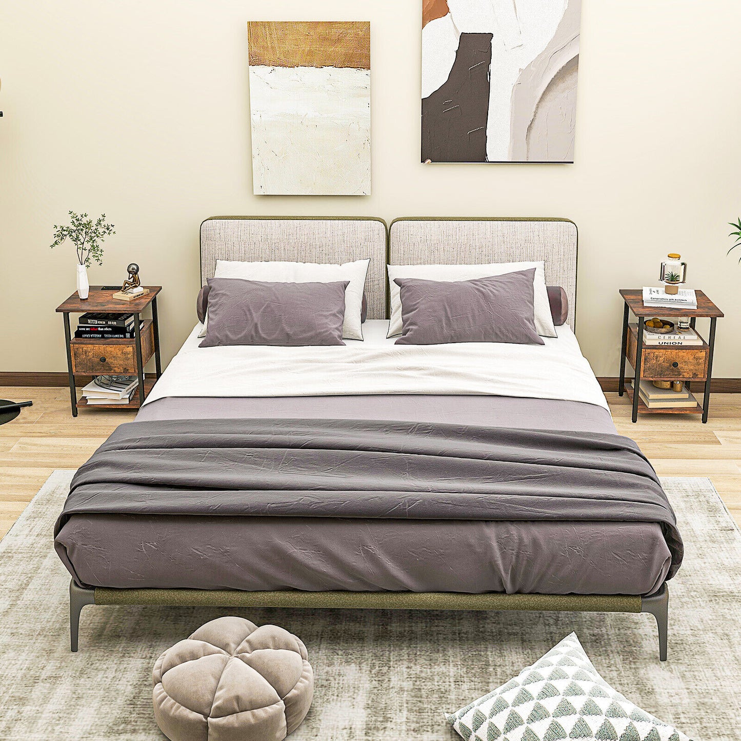 Set of 2 Modern 3-Tier Nightstands with Drawer and Built-in Charging Station