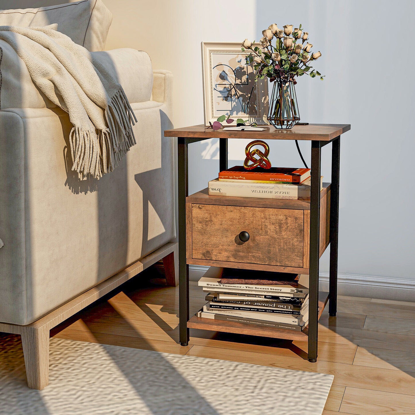 Set of 2 Modern 3-Tier Nightstands with Drawer and Built-in Charging Station