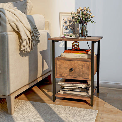 Set of 2 Modern 3-Tier Nightstands with Drawer and Built-in Charging Station