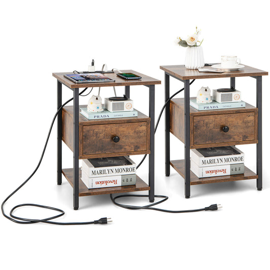 Set of 2 Modern 3-Tier Nightstands with Drawer and Built-in Charging Station