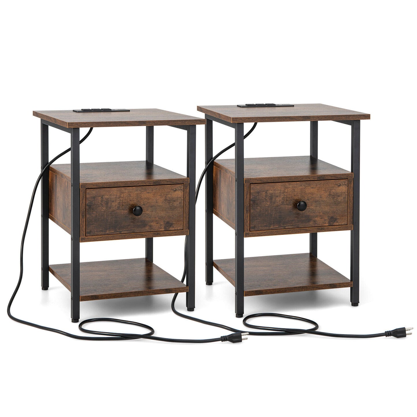 Set of 2 Modern 3-Tier Nightstands with Drawer and Built-in Charging Station